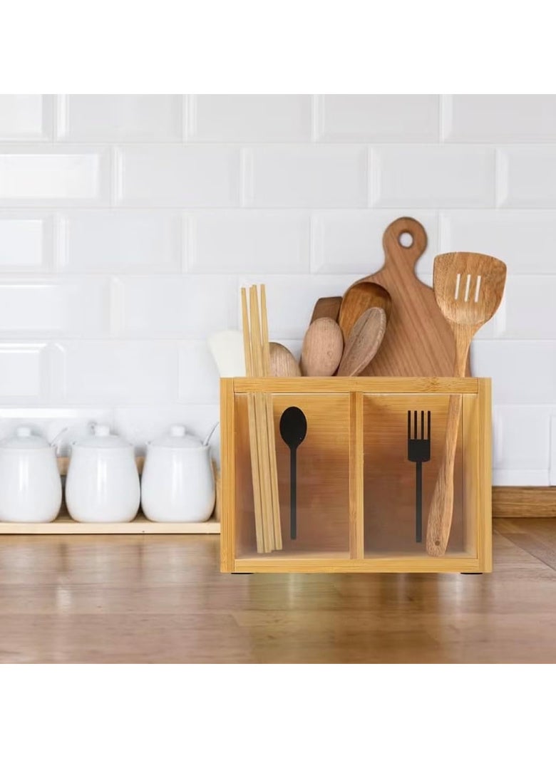 أوركيد منظم أدوات مائدة خشبي على شكل زهرة الأوركيد، صندوق تخزين للملاعق والشوك والسكاكين بألواح شفافة، حامل أدوات مطبخ من الخيزران لطاولة الطعام وسطح العمل، حامل أدوات مائدة المطبخ - Image 2